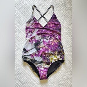 Clover Canyon New Floral Collage Purple Multicolor Swimsuit Women’s Size Small